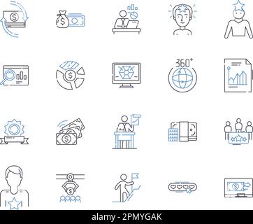 Übersicht über finanzielle Errungenschaften Symbolsammlung. Wohlstand, Wohlstand, Gewinn, Einsparungen, Investitionen, Kapital-, Wertvektor- und Illustrationskonzept Stock Vektor