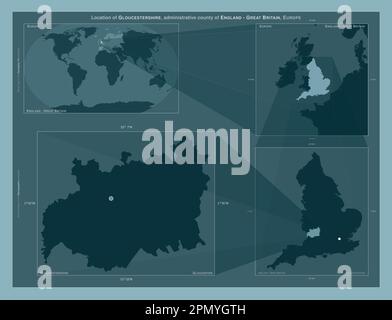 Gloucestershire, Verwaltungsbezirk England - Großbritannien. Diagramm, das die Position der Region auf Karten mit größerem Maßstab zeigt. Zusammensetzung des VEC Stockfoto