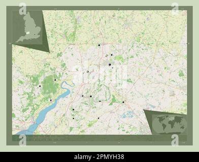 Gloucestershire, Verwaltungsbezirk England - Großbritannien. Straßenkarte Öffnen. Standorte der wichtigsten Städte der Region. Lage der Zusatzgeräte an der Ecke Stockfoto