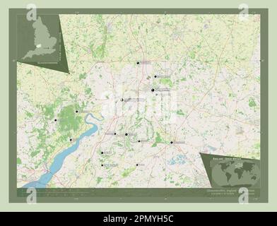 Gloucestershire, Verwaltungsbezirk England - Großbritannien. Straßenkarte Öffnen. Standorte und Namen der wichtigsten Städte der Region. Ecke zusatzgeräte Stockfoto