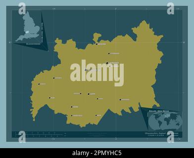Gloucestershire, Verwaltungsbezirk England - Großbritannien. Durchgehende Farbform. Standorte und Namen der wichtigsten Städte der Region. Ecke autokorr Stockfoto
