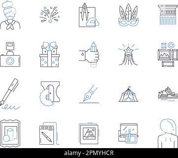 Kreative Berufe umreißen die Icons-Sammlung. Künstler, Fotograf, Designer, Architekt, Autor, Konzeptset mit Sänger, Bildhauer und Illustrationen Stock Vektor