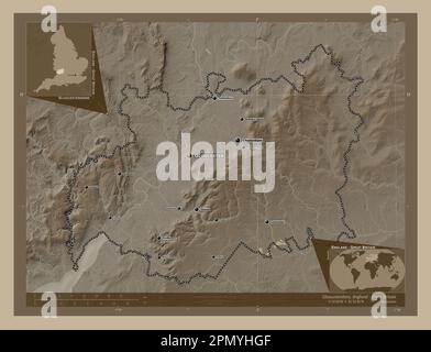 Gloucestershire, Verwaltungsbezirk England - Großbritannien. Höhenplan in Sepia-Tönen mit Seen und Flüssen. Standorte und Namen von Stockfoto