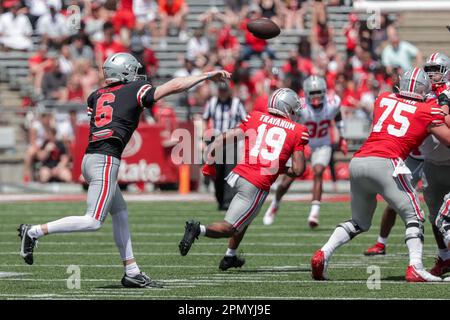 Columbus, Ohio, USA. 15. April 2023. Ohio State Buckeyes Quarterback Kyle McCord (6) tritt während des Frühlingsspiels zwischen Ohio State Buckeyes Scarlet und Gray im Ohio Stadium, Columbus, Ohio. (Kreditbild: © Scott Stuart/ZUMA Press Wire) NUR REDAKTIONELLE VERWENDUNG! Nicht für den kommerziellen GEBRAUCH! Kredit: ZUMA Press, Inc./Alamy Live News Kredit: ZUMA Press, Inc./Alamy Live News Stockfoto