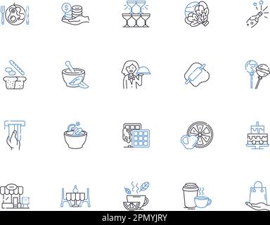 Sammlung von Symbolen der Café-Gliederung. Café, Kaffee, Espresso, Latte, Cappuccino, Frappuccino, Mocha Vektor- und Illustrationskonzept-Set. Donut, Bagel Stock Vektor
