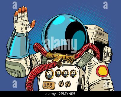 Die Weltraumforschung kommt näher. Der Astronaut winkt mit der Hand. Intergalaktischer Anzug in all seiner Pracht. Pop Art Retro Stock Vektor
