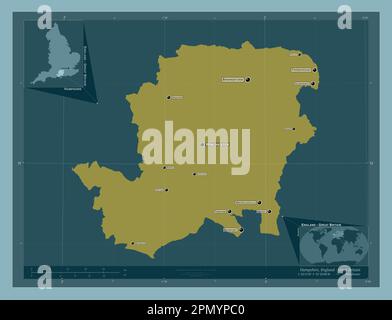 Hampshire, Verwaltungsbezirk England - Großbritannien. Durchgehende Farbform. Standorte und Namen der wichtigsten Städte der Region. Ecken-Zusatzgerät, niedrig Stockfoto