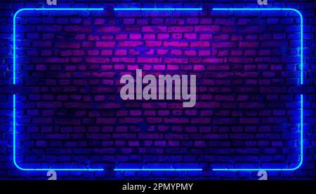 Backsteinwand, Hintergrund, Neonlicht-Rahmen. Neon-Zimmer. 3D-Rendering Stockfoto