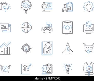 Symbolsammlung für Strategie- und Enterprice-Gliederung. Strategie, Unternehmen, Planung, Analysieren, Ergebnisse, Business, Ziele, Vektor und Illustration Stock Vektor