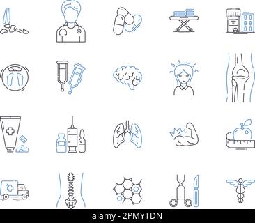 Gesundheit und medizinische Dienste umreißen Symbolsammlung. Medizin, Gesundheitswesen, Dienstleistungen, Behandlung, Diagnose, Prävention, Rehabilitationsvektor und Stock Vektor