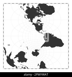 Vector-Weltkarte. Transversale sphärische Mercatorprojektion. Geografische Karte mit Breiten- und Längengraden. Zentriert auf 120deg E longi Stock Vektor