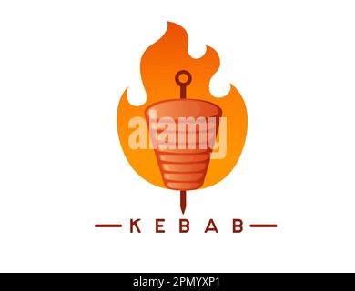 Kebab-Grillfleisch mit Spieß und Feuerlogos, Vektordarstellung auf weißem Hintergrund Stock Vektor