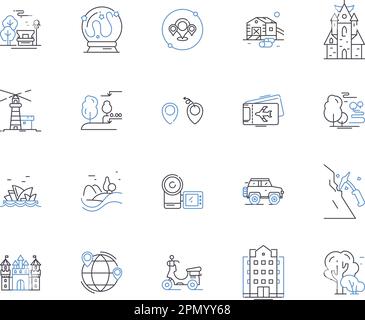 Die Symbolsammlung des Reiseveranstalters. Tour, Veranstalter, Reise, Agentur, Urlaub, Trip, Guide Vector und Illustration Concept Set. Abenteuer, Pakete Stock Vektor