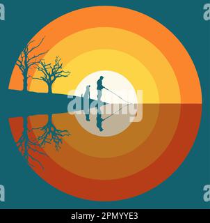 Ein Fischer und ein Hund werden bei Sonnenuntergang in einem grafischen Vektorbild gesehen. Stock Vektor