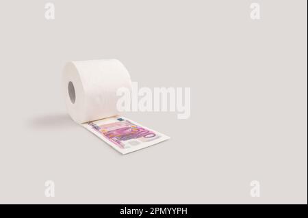 Ein kreatives Geld- und Finanzkonzept mit Toilettenpapier und Euro-Banknote auf weißem Hintergrund Stockfoto