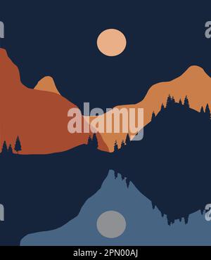 Abstrakter, minimalistischer Bergsee am späten Nachmittag mit Bergen und Sonne oder Mond vielleicht. Vektordarstellung. Stock Vektor