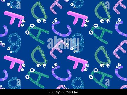 Zeichentrickfilm englische Buchstaben nahtlose Monster mit Augenmuster für Kinderbekleidung und Accessoires, Bettwäsche und Stoffe und Kindergarten-Tex Stockfoto