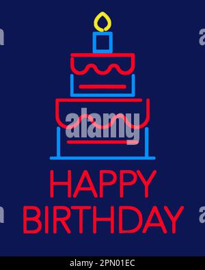 Hier ist ein Geburtstagskuchen aus Neonlichtern in einer Vektordarstellung. Stock Vektor
