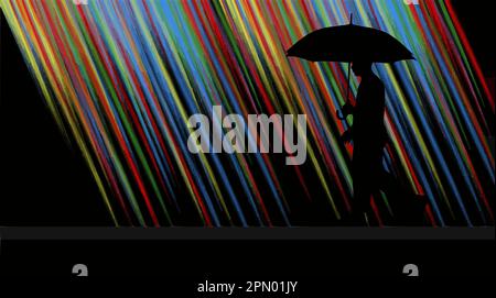 Ein Mann mit Schirm geht in einer Regendusche, die alle Farben des Regenbogens enthält. Dies ist eine Vektordarstellung. Stock Vektor