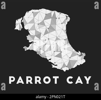 Parrot Cay - Karte des Kommunikationsnetzwerks der Insel. Parrot Cay: Trendiges geometrisches Design auf dunklem Hintergrund. Technologie, Internet, Netzwerk, Telekommunikation Stock Vektor