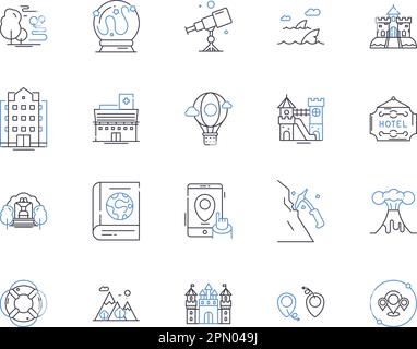 Icons-Kollektion der World Tour Outline. Reisen, Globe, Reise, Umfahren, Urlaub, Ausflug, Expeditionsvektor und Zeichnungskonzept Stock Vektor