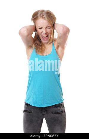 Schreien junge Frau verzweifelt ihren Kopf Holding Stockfoto