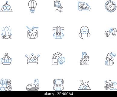 Adventure Outline Icons Kollektion. Erkundungen, Wandern, Wandern, Rucksacktouren, Mountaineering, Konzeptsatz für Klettern, Camping und Illustration Stock Vektor