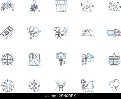 Adventure Outline Icons Kollektion. Erkundungen, Wandern, Wandern, Rucksacktouren, Mountaineering, Konzeptsatz für Klettern, Camping und Illustration Stock Vektor