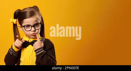 Porträt eines ernsten kleinen Schulmädchens in Uniform und Brille mit langen Haaren, die wegzeigen und vor gelbem Hintergrund in die Kamera schauen Stockfoto