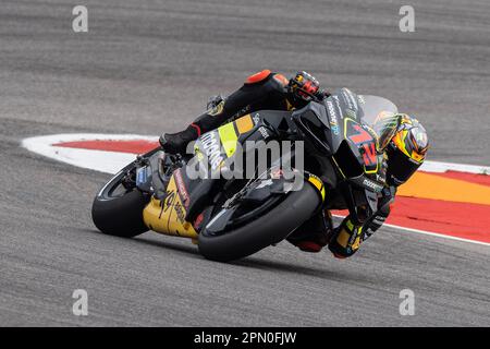 Amerika, Austin, Texas, USA. 15. April 2023. Marco Bezzecchi (72) mit dem Mooney VR46 Racing Team in Action und Qualifizierung beim Red Bull Grand Prix of the Americas, Circuit of the Americas, Austin, Texas. Mario Cantu/CSM/Alamy Live News Stockfoto