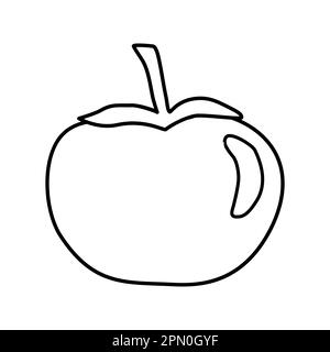 Ganze Tomate mit Blättern, Kritzelstil, flache Vektordarstellung für Kinder Malbuch Stock Vektor