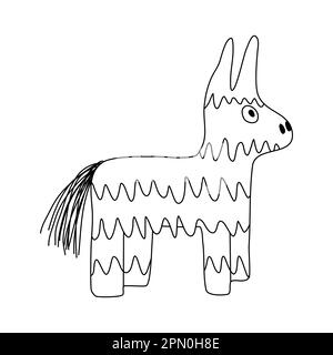 Mexikanischer Pinata-Esel oder Lama, farbenfrohes Spielzeug mit Leckereien für Kindergeburtstage oder Partyfeier, flache Vektorzeichnung im Kritzelstil für Kinder Malbuch Stock Vektor