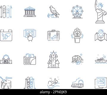 Icons-Kollektion der World Tour Outline. Reisen, Globe, Reise, Umfahren, Urlaub, Ausflug, Expeditionsvektor und Zeichnungskonzept Stock Vektor