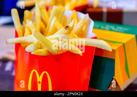 Toronto, Kanada - 15. April 2023: Pommes frites und die Schachtel eines Hühnchen Big Mac. Beliebtes Essen in einem McDonald's Restaurant Stockfoto