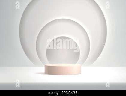 Podium 3D abstrakter Vektorbildungs-Studio-Raum. Geometrische Plattform in Weiß und Pastellfarben mit kreisförmigem überlappendem Hintergrund. Moderne Minimalszene zur Demonstration kosmetischer Mittel. Stock Vektor