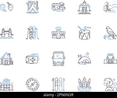 Die Symbolsammlung des Reiseveranstalters. Tour, Veranstalter, Reise, Agentur, Urlaub, Trip, Guide Vector und Illustration Concept Set. Abenteuer, Pakete Stock Vektor