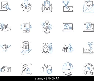 Symbolsammlung für Filialen und Einkommen. Store, Income, Revenue, Sales, Profit, Rand, Markup-Vektor und Zeichnungskonzept festgelegt. Kosten, Preise Stock Vektor