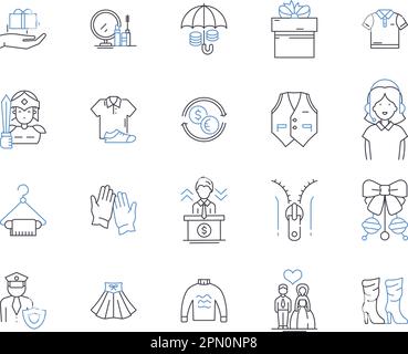 Mode-Outline-Icons-Kollektion. Kleidung, Schuhe, Bekleidung, Accessoires, Stil, Trend, Fertigungsvektor und Zeichnungskonzept Stock Vektor