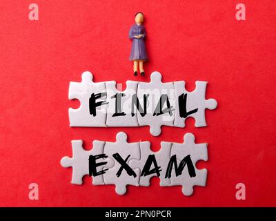 Miniaturleute und weiße Puzzle-ABSCHLUSSPRÜFUNG auf rotem Hintergrund Stockfoto