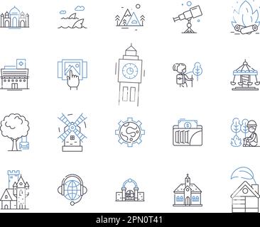 Die Symbolsammlung des Reiseveranstalters. Tour, Veranstalter, Reise, Agentur, Urlaub, Trip, Guide Vector und Illustration Concept Set. Abenteuer, Pakete Stock Vektor