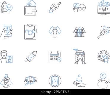 Übersicht über finanzielle Errungenschaften Symbolsammlung. Wohlstand, Wohlstand, Gewinn, Einsparungen, Investitionen, Kapital-, Wertvektor- und Illustrationskonzept Stock Vektor