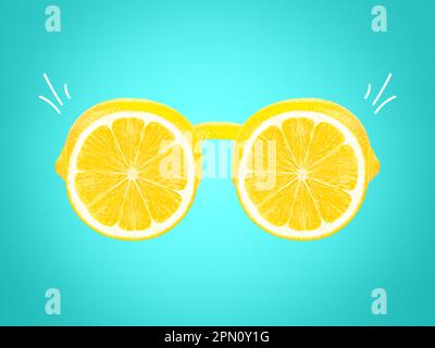 Sommersonnenbrille aus Zitronenscheiben. Kreatives Sommerlayout. Das "Fruit-Minimal-Konzept Stockfoto