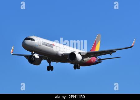 Präfektur Chiba, Japan - 28. November 2021: Passagierflugzeug Asiana Airlines Airbus A321-200Nx (HL8371). Stockfoto