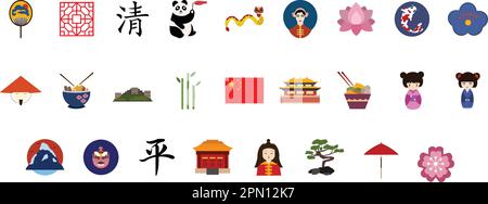 Symbolsatz für traditionelles chinesisch. Handgezeichnete Vektordarstellung in flacher Form. Religiöse chinesische Symbole, Tiere, Menschen und Gebäude. Asiatische Stammesikonen für Reisen und Neujahrswerke. Stock Vektor