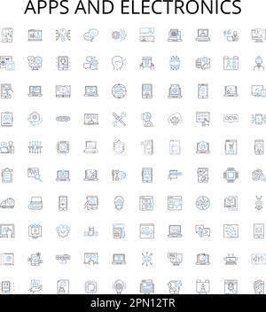Apps und Elektronik zeigen Symbolsammlung. Apps, Elektronik, Smartphones, Tablets, Wearables, Gadgets, Bildschirme, Vektorbildungs-Set. Computer Stock Vektor