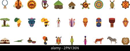 Set African Sticker traditionelle Hütte mit Strohdach, Baobab-Schild mit Speer, Stammesmaske, Trommel im Cartoon-Stil isoliert auf weißem Hintergrund. Safari Stammessammlung, ländliches Wüstengebäude Stock Vektor