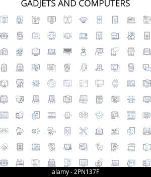 Gadjets und Computer zeigen die Symbolsammlung an. Gadgets, Computer, Technologie, Elektronik, Hardware, Vektorbildungs-Set für Laptops und Desktops Stock Vektor