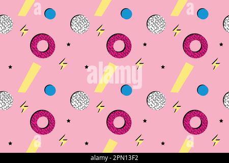 Hintergrund von Memphis. Retro-Hintergrund mit verschiedenen Farbfiguren für Poster oder Karten. Abstrakter hintergrund aus memphis mit bunten geometrischen Figuren für dein Design. Vektortextur. Vektordarstellung Stock Vektor