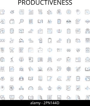 Symbolsammlung für Produktivitäts-Gliederung. Effizienz, Output, Qualität, Wohlstand, Prozess, Exzellenter, fruchtbarer Vektorbildsatz. Kräftig Stock Vektor