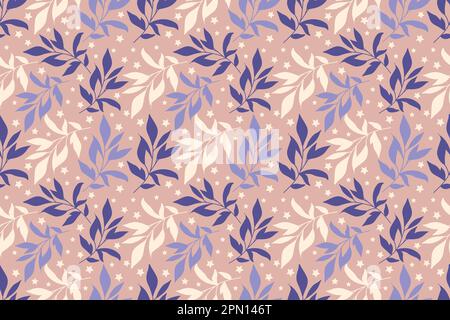 Abstraktes, nahtloses Blumenmuster mit Ahornblättern. Lila und lila Blätter auf hellbraunem Hintergrund. Hintergrund mit Laub, Blütenblätter für Geschenkpapier, Textil, Karton, Web. Vektordarstellung. Stock Vektor